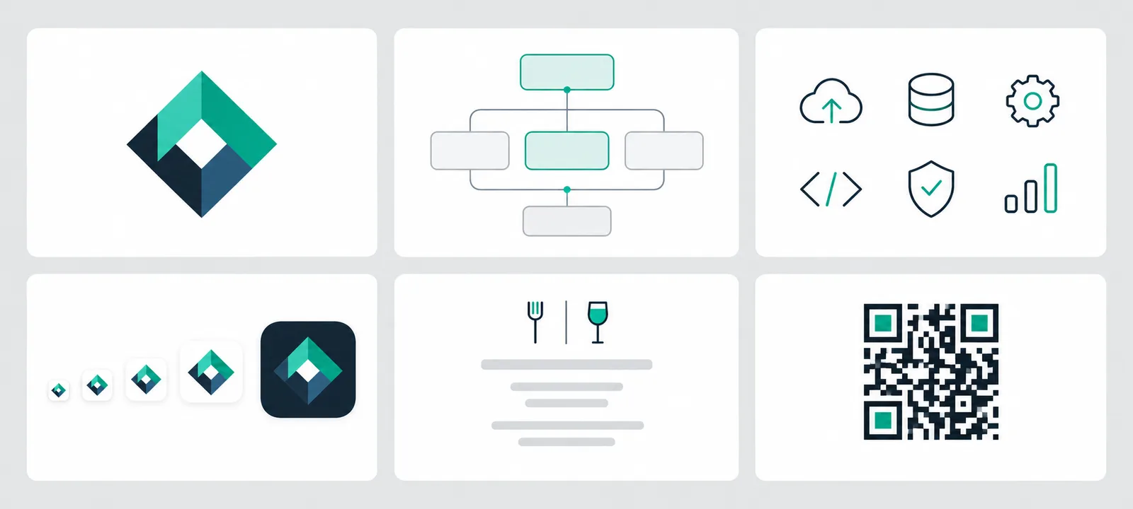 Six kinds of output from one API: a logo, a diagram, an icon set, app icon sizes, a menu layout and a QR code