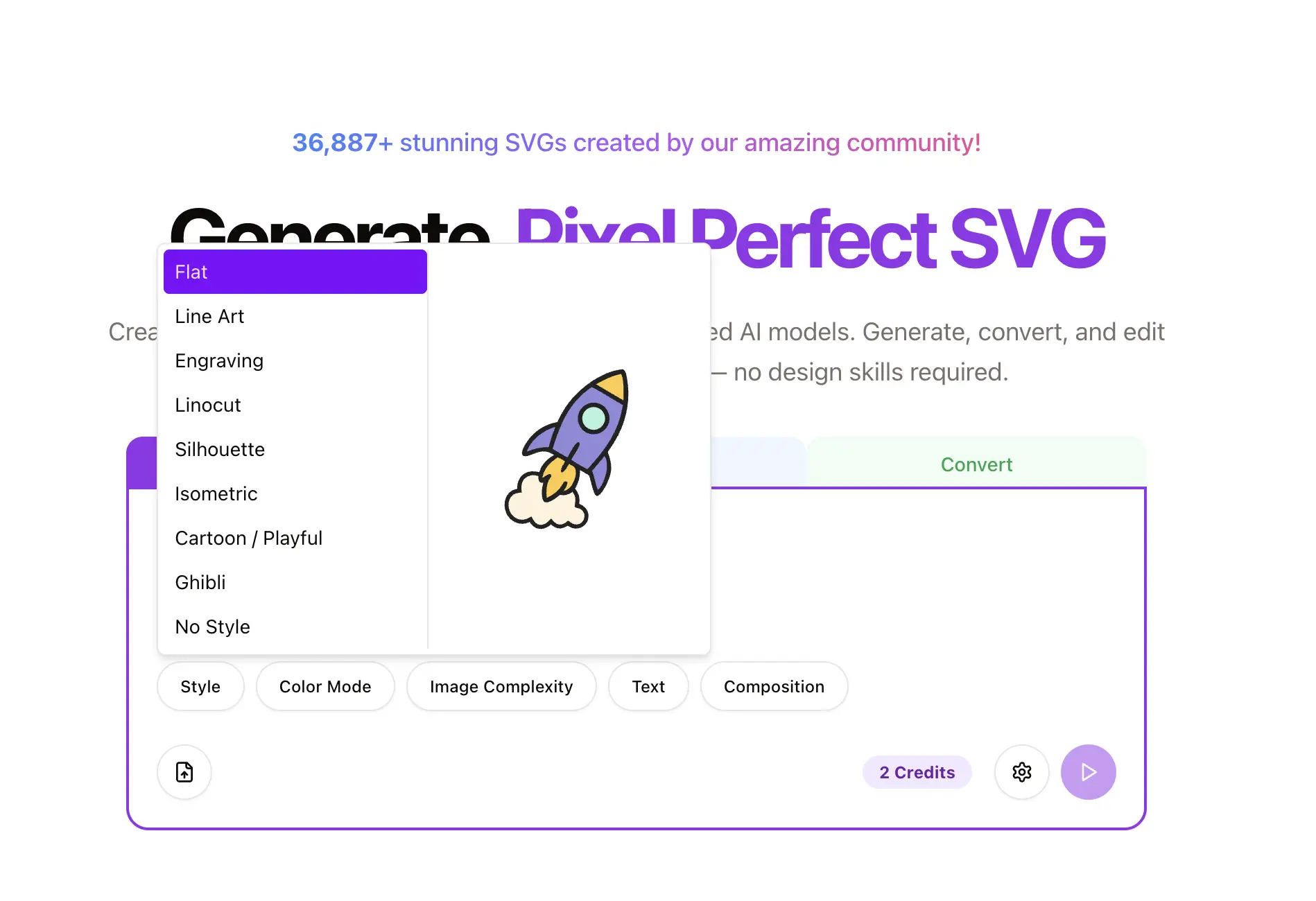 Easily customize your vector images with powerful style presets. Apply flat, minimalist, or isometric styles, along with custom color schemes and advanced visual effects. Tailor your SVG icons, vector art, and graphics to match modern design trends and brand aesthetics. Seamlessly integrates into your existing workflow, enhancing image pixel quality, improving the overall design experience, and delivering polished, scalable vector graphics for any platform, web page, or user interface.