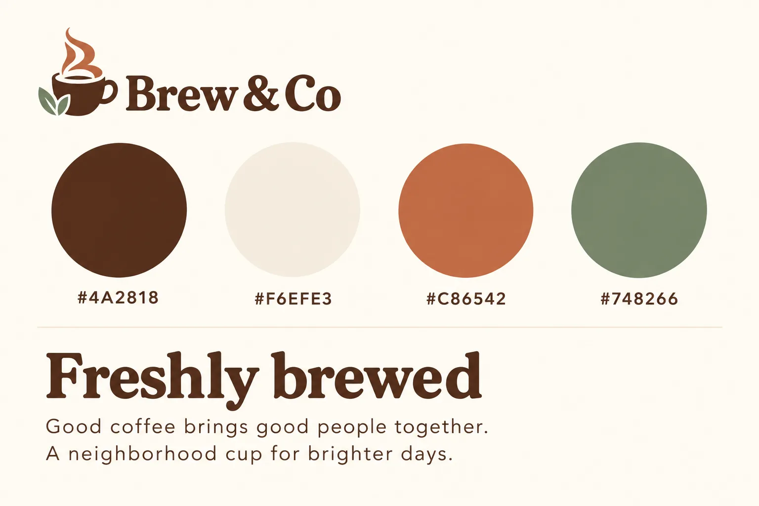 Brew & Co brand sheet — colour swatches with hex values and a type specimen