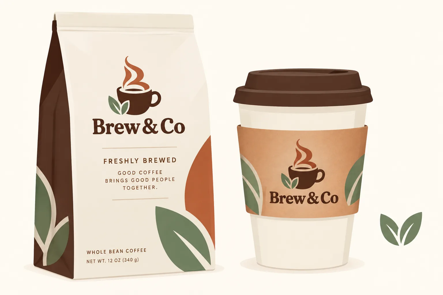 Brew & Co coffee bag and cup sleeve carrying the mark